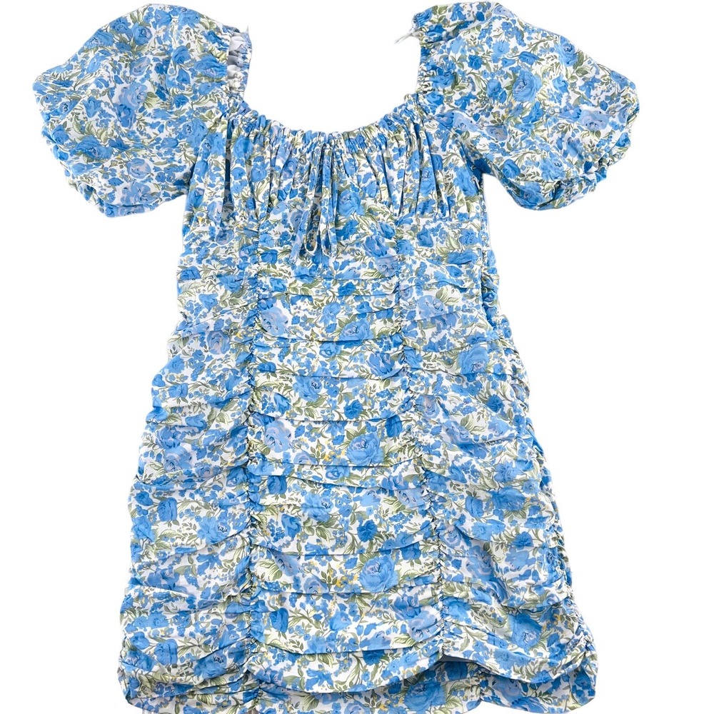 Mable Women's Cottage Core Blouse Ruffled Ruched Blue Floral size medium